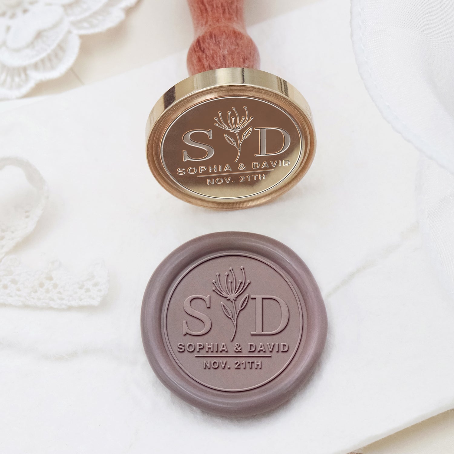 Tampon encreur de sceau de cire personnalisé pour mariage Stamprints Nom et Date 2