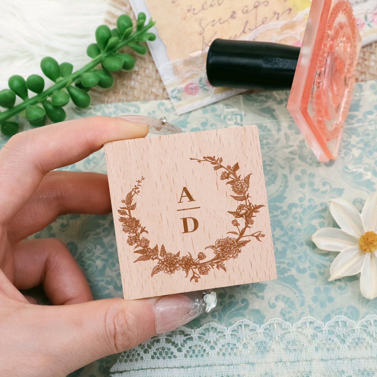 Personalisierter Botanischer Hochzeits-Monogramm Gummistempel (18 Designs)1