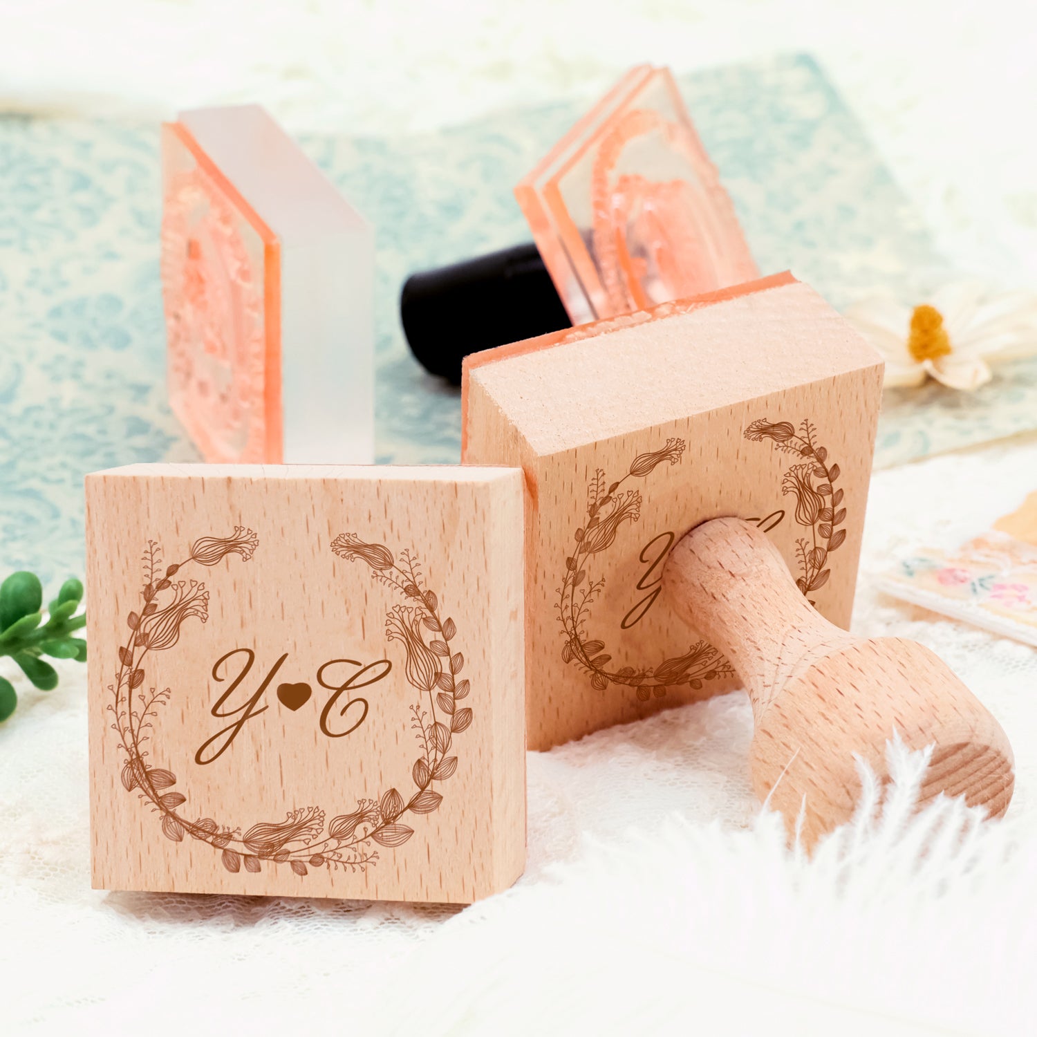 Custom Botanical Wedding Monogram Rubber Stamp -SKU17 4