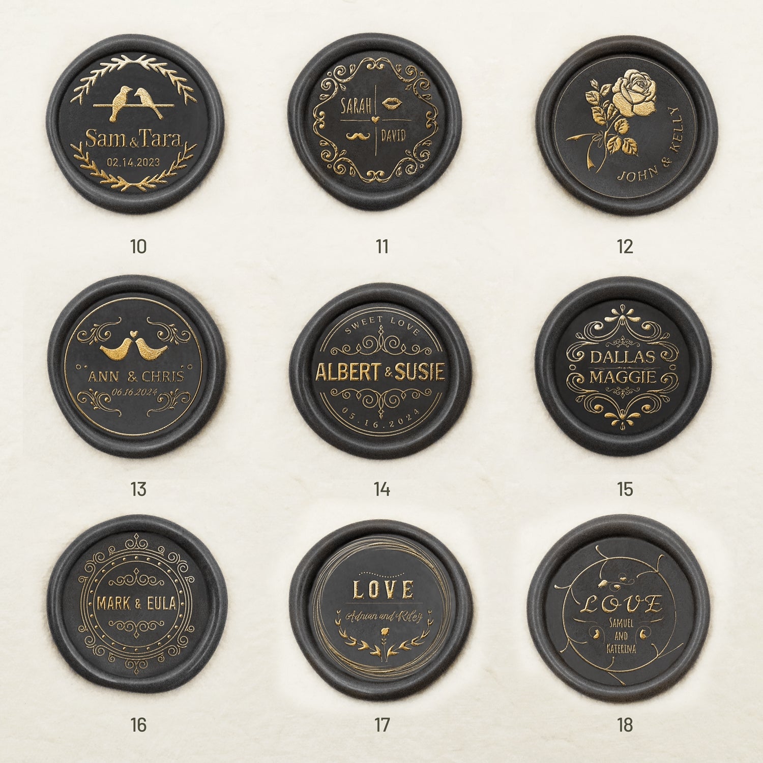 Personalisierter Hochzeits-Siegelwachs-Stempel (27 Designs) Wedding-Name-&-Date10-18