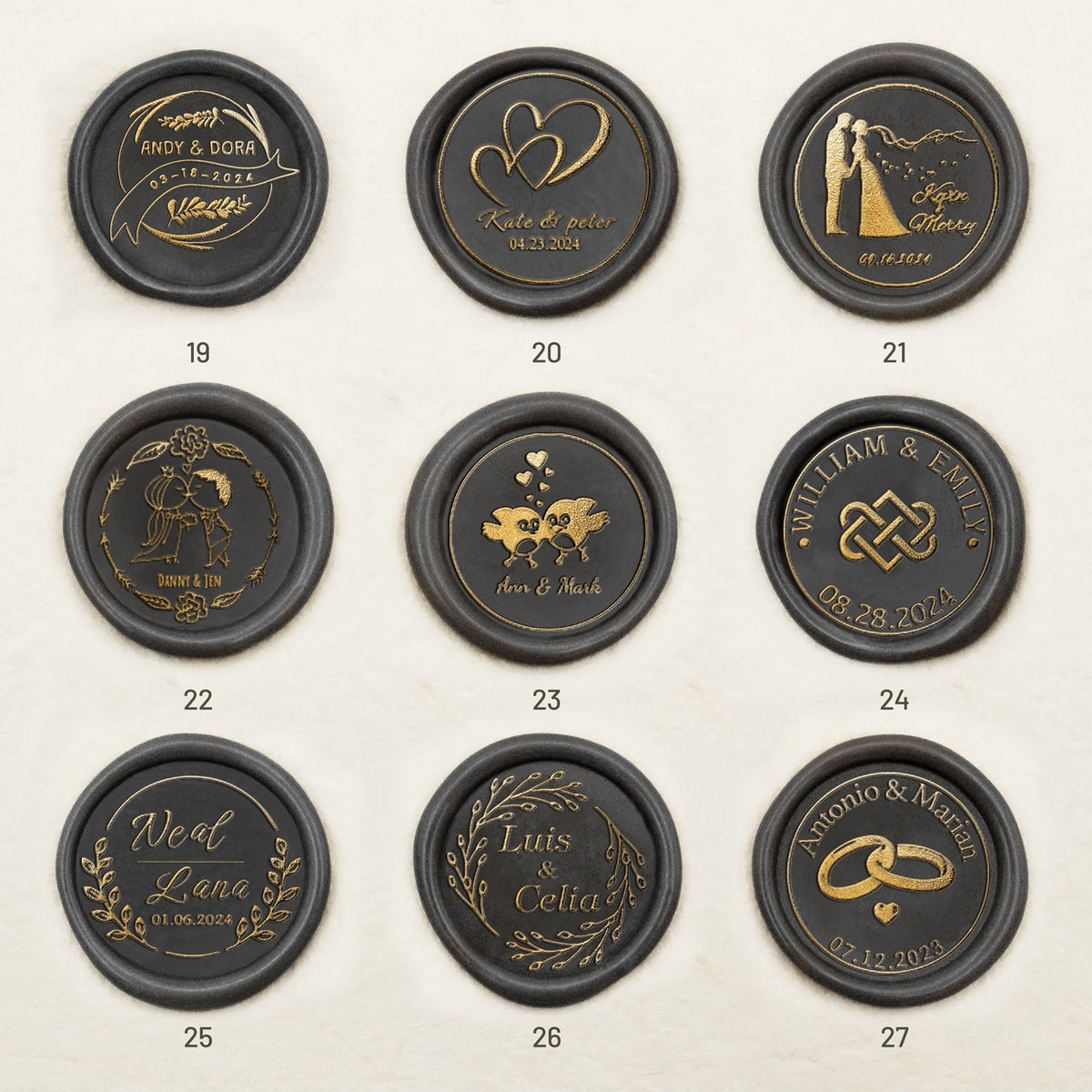 Personalisierter Hochzeits-Siegelwachs-Siegelstempel (27 Designs) Hochzeit-Name-&-Datum19-27