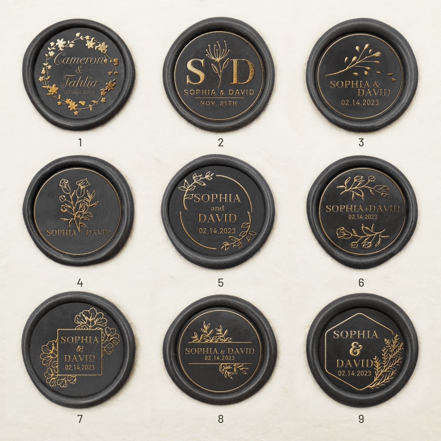 Personalisierte Hochzeits-Selbstklebende Siegelwachs Sticker (27 Designs) Wedding-Name-&-Date1-9