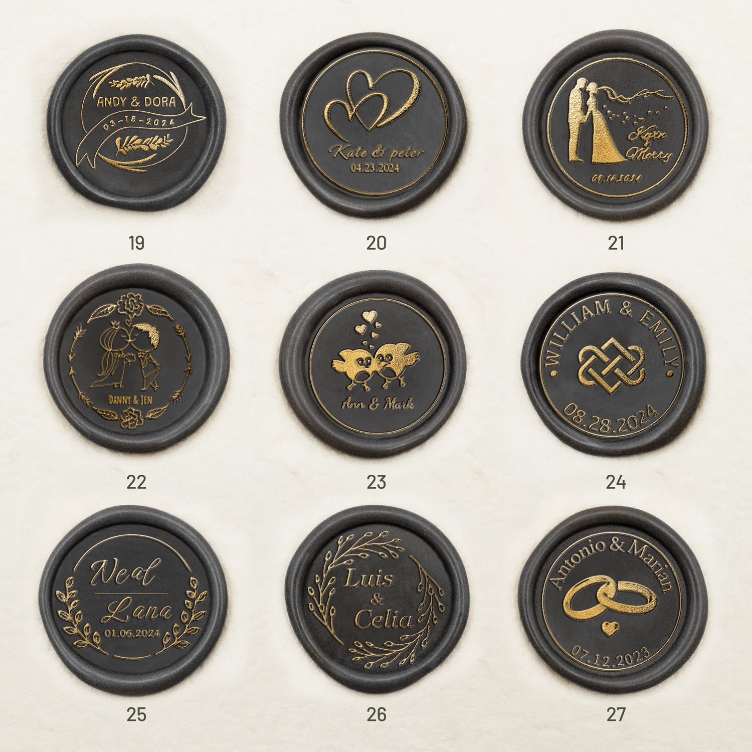 Personalisierte Hochzeits-Selbstklebende Siegelwachs Siegelstempel Sticker (27 Designs) Wedding-Name-&-Date19-27