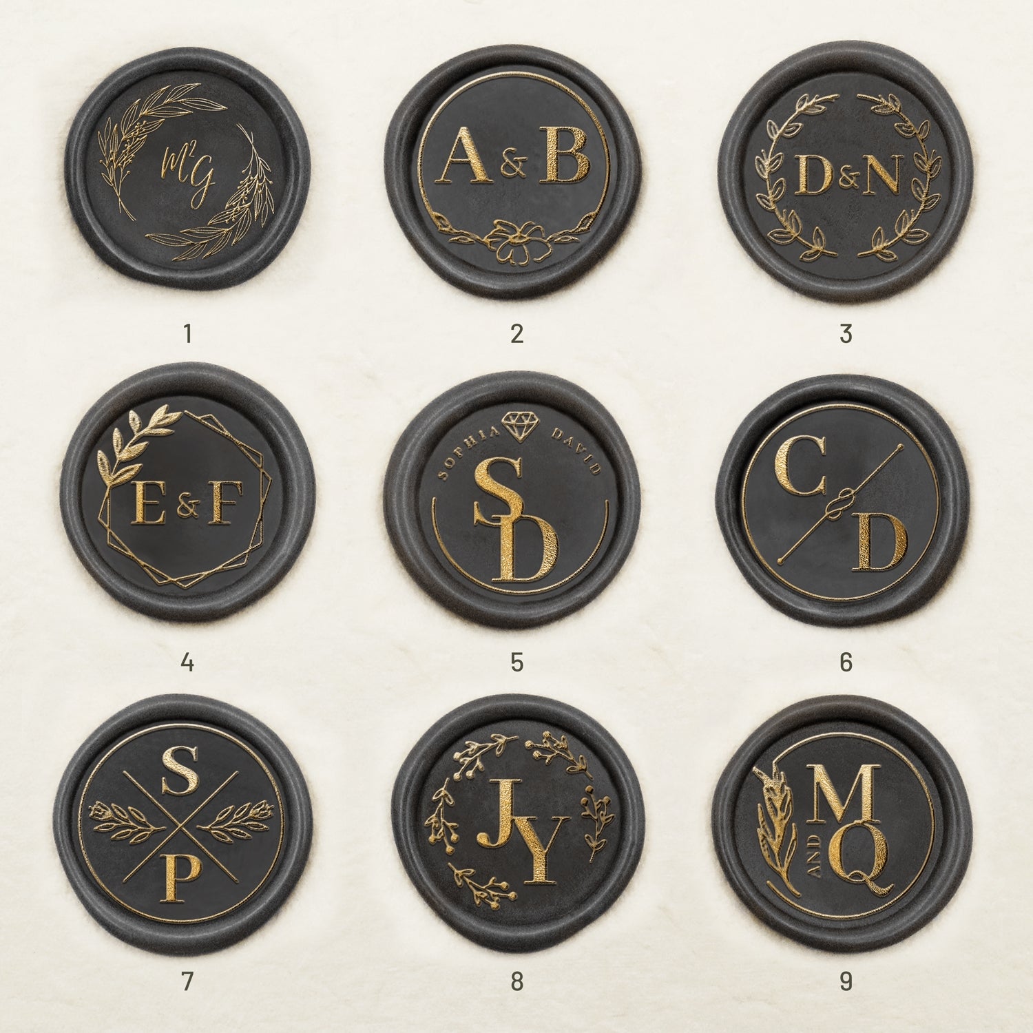 Personalisierte Hochzeits-Monogramm selbstklebende Siegelwachs Sticker (36 Designs) 1-9