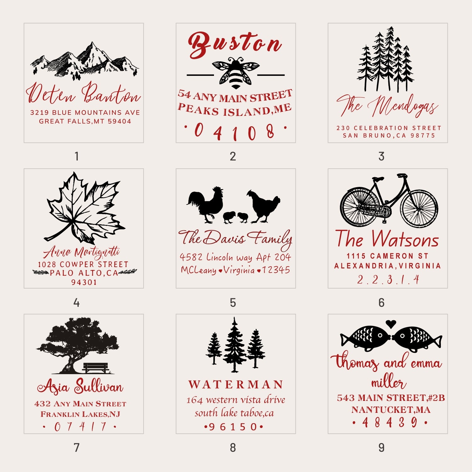 Custom Address Return Rubber Stamp with Your Signature Artwork (18 Designs) sku1