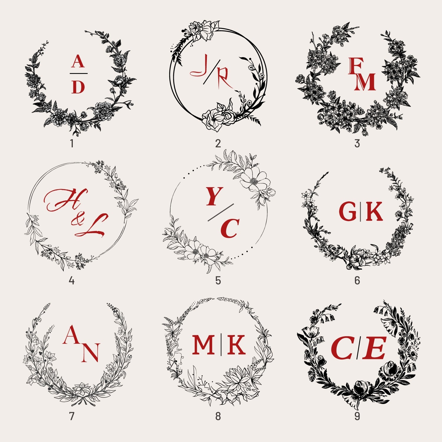 Personalisierter Botanischer Hochzeits-Monogramm Gummistempel (18 Designs) sku1