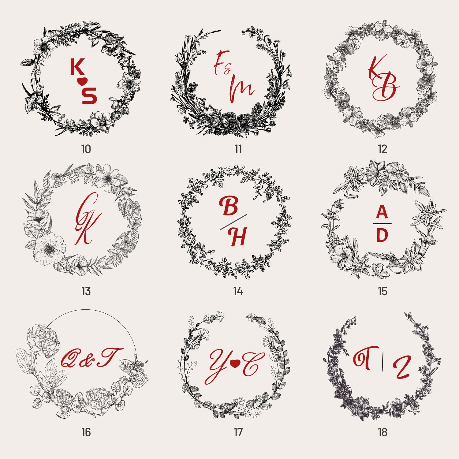 Personalisierter Botanischer Hochzeits-Monogramm-Gummistempel (18 Designs) sku2