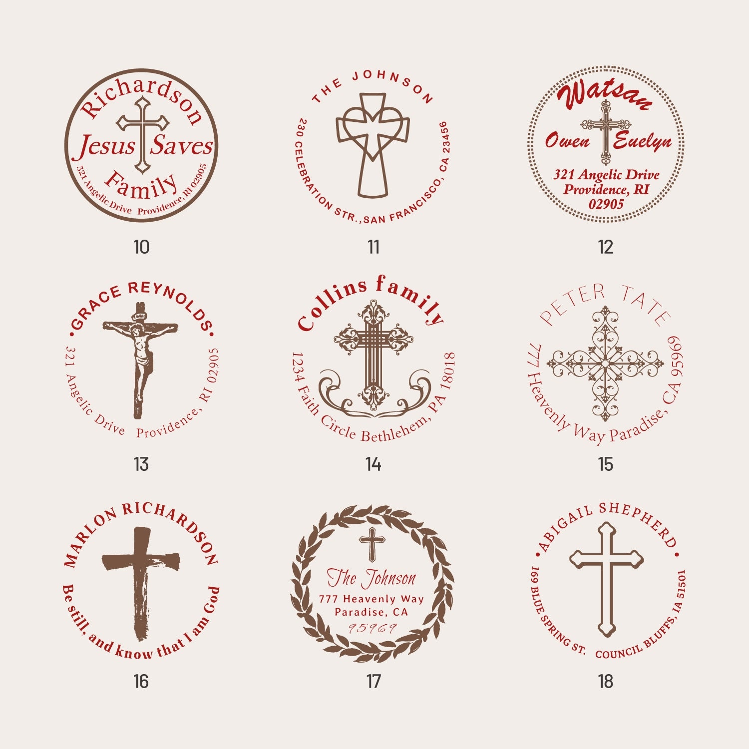 Tampon en Caoutchouc Personnalisé Adresse d'Expéditeur Croix Religieuse (22 Designs) SKU2