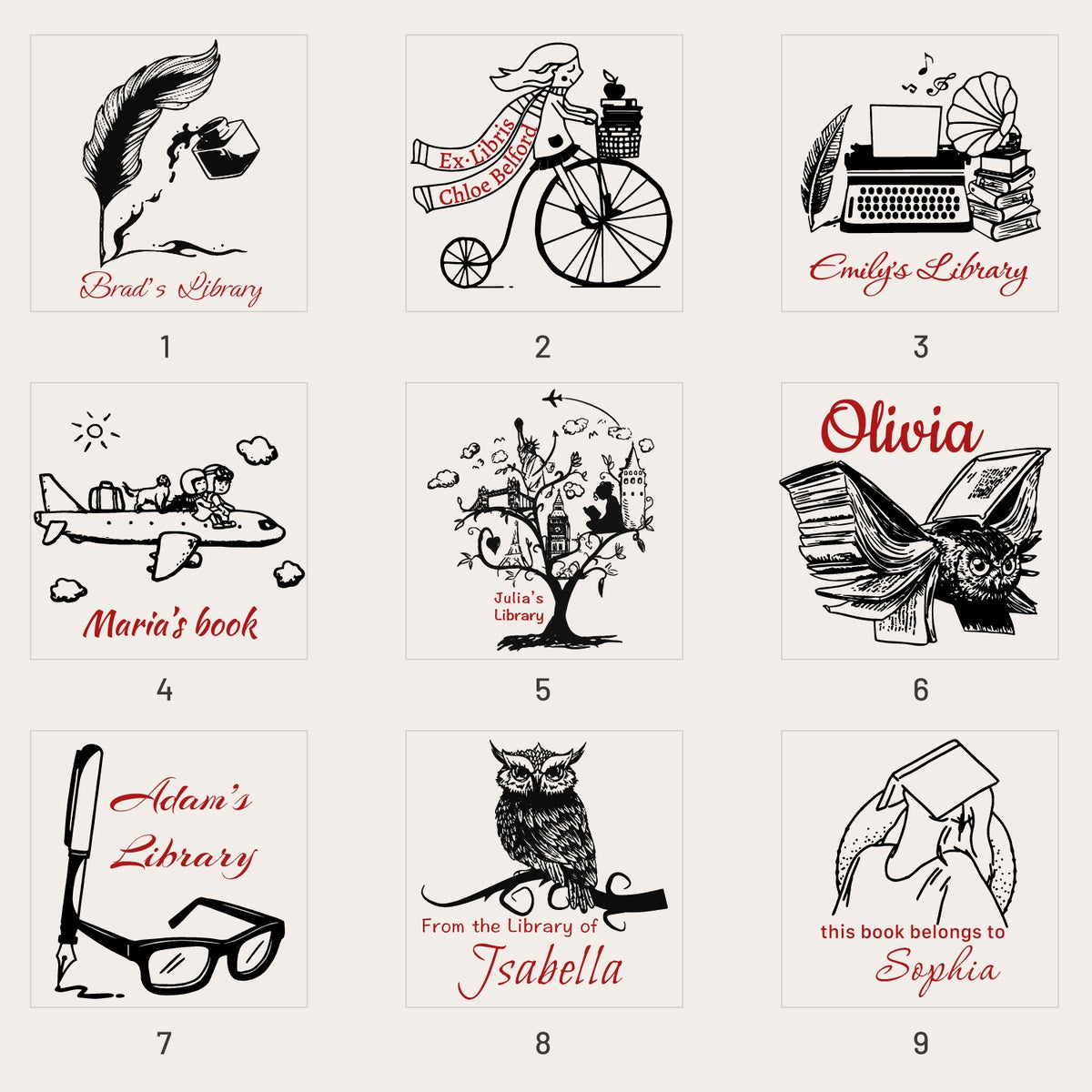 Personalisierte Bibliothek Gummistempel (20 Designs) LB-sku1