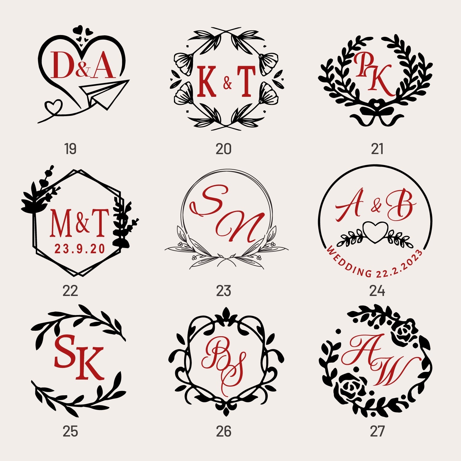 Custom Wedding Monogram Rubber Stamp (36 Designs) sku3