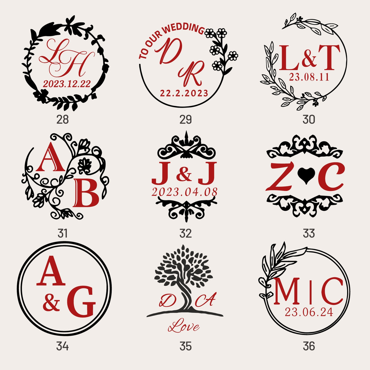 Custom Wedding Monogram Rubber Stamp (36 Designs) sku4