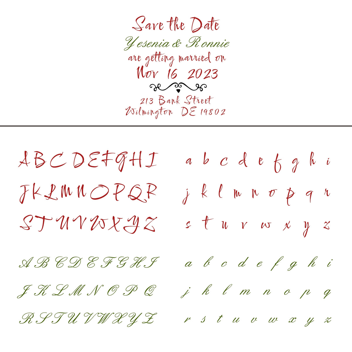 Personalisierter reiner Text Handschrift-Schriftart Hochzeit Save the Date Gummistempel7