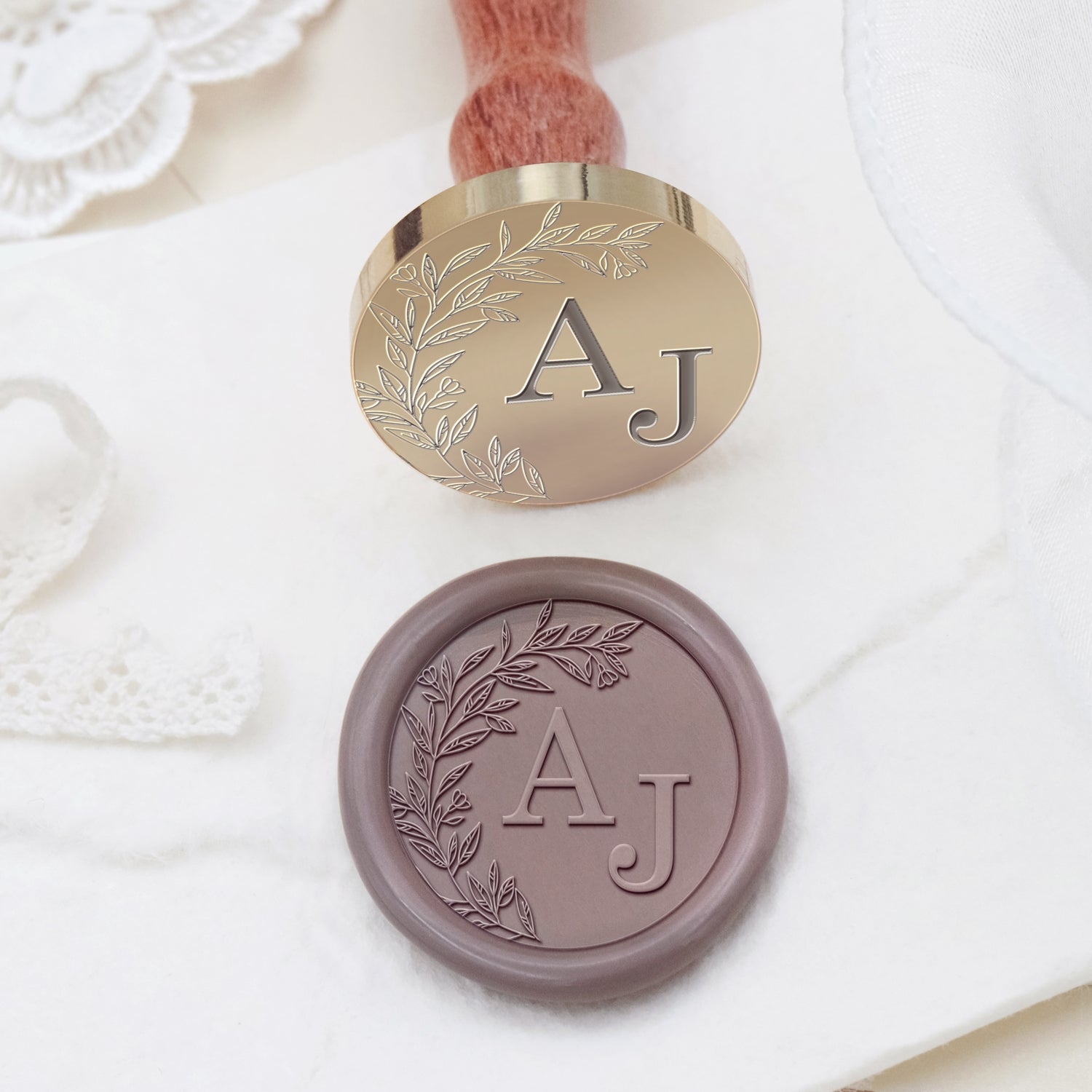 Personalisierter randloser botanischer Hochzeits-Monogramm-Siegelwachs-Stempel (27 Designs)-Kopie 2