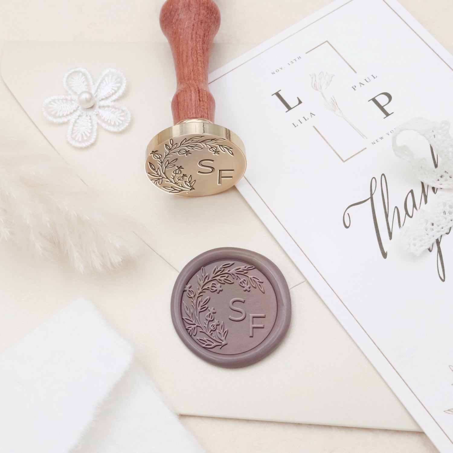 Sello de Caucho de Lacre con Monograma de Boda Botánico Sin Bordes Personalizado - Estilo 9 3