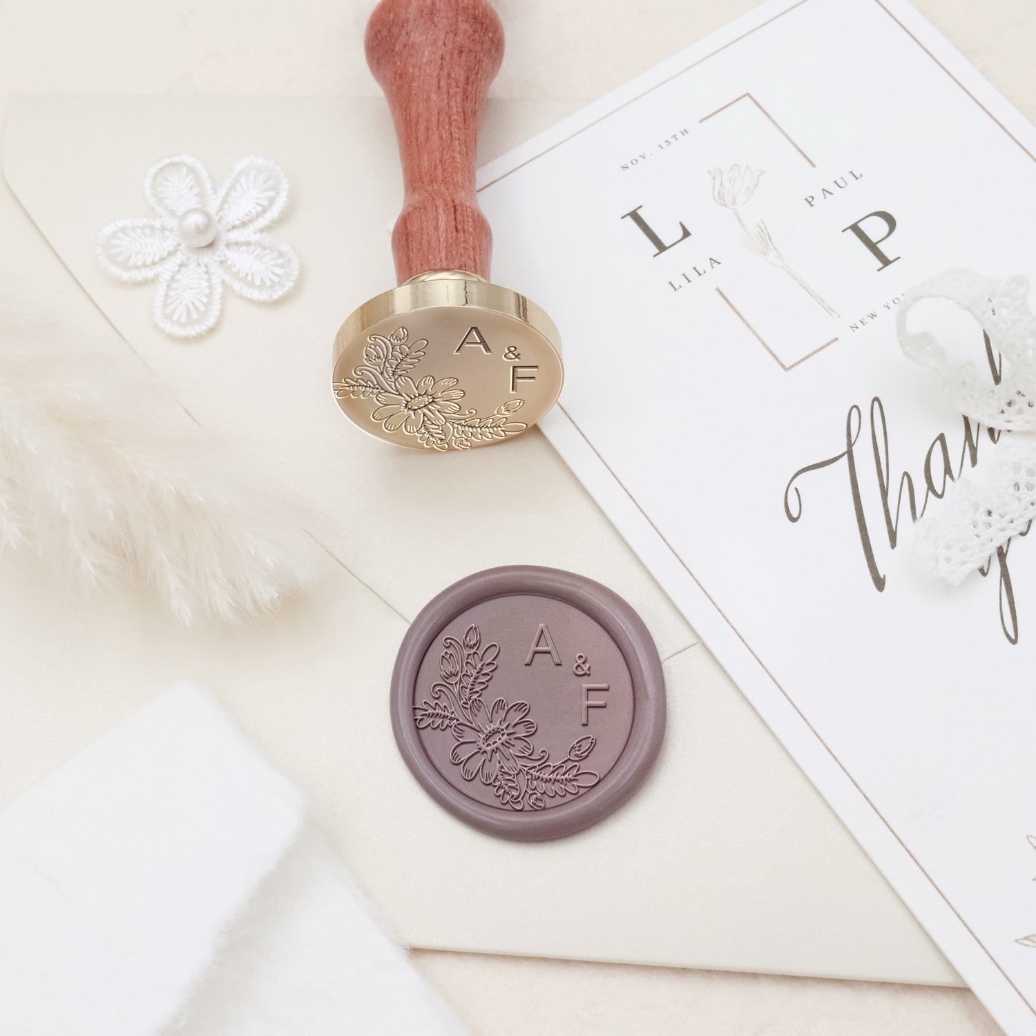 Sello de Caucho de Lacre Personalizado Sin Bordes Botánico para Boda Monograma - Estilo 12 3