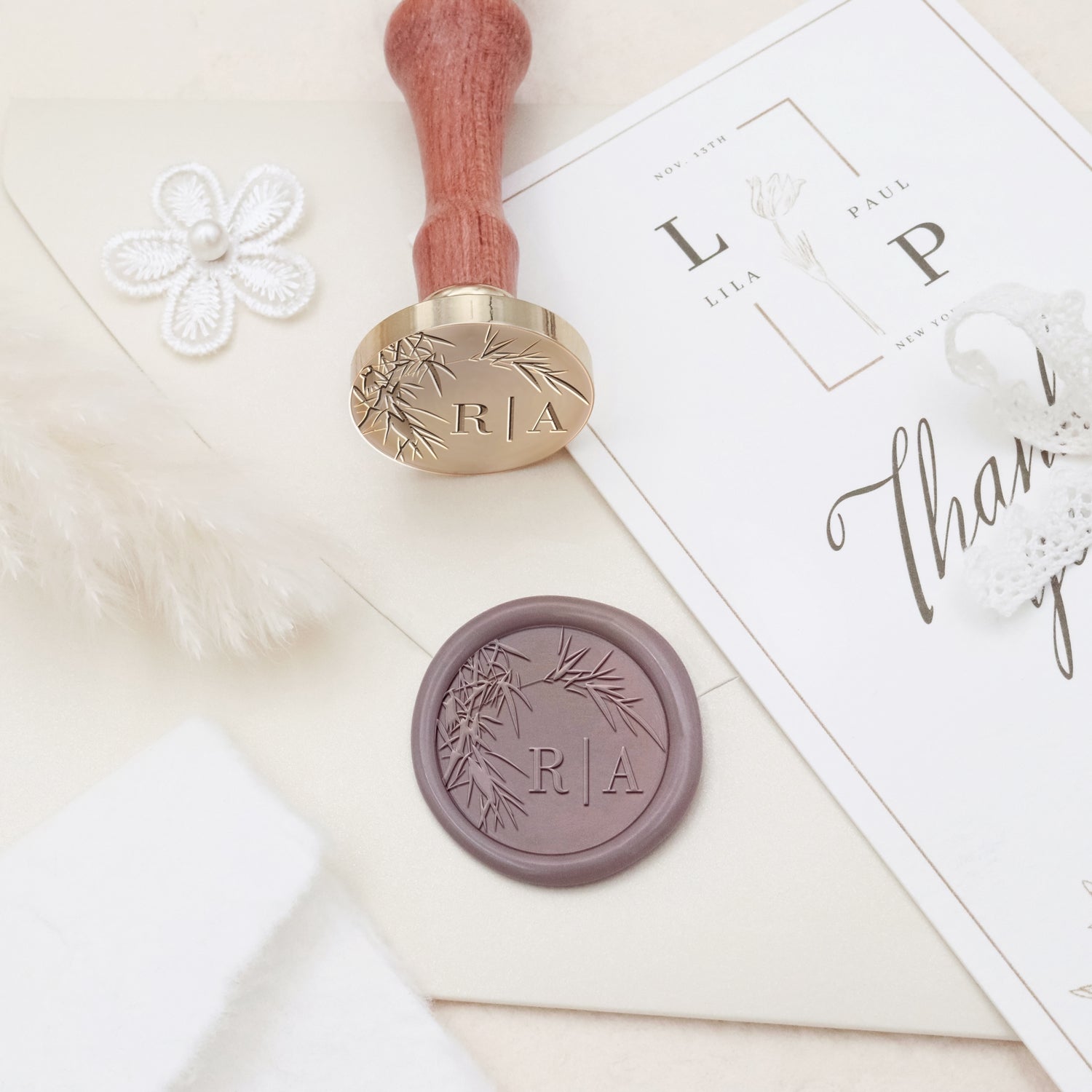 Personalisierter randloser botanischer Hochzeits-Monogramm-Siegelwachs-Siegelstempel - Stil 17 3