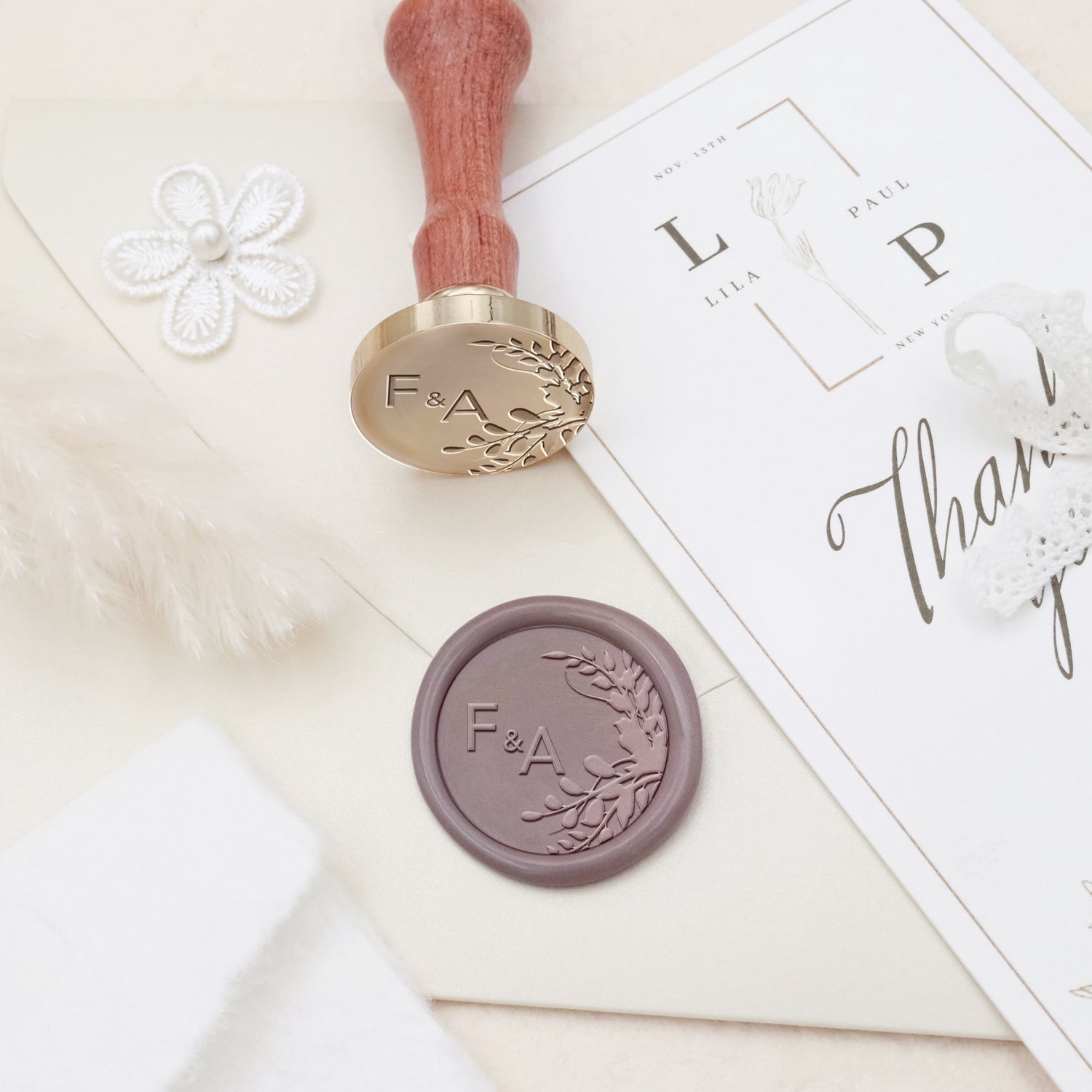 Tampon Encreur de Sceau de Cire Monogramme de Mariage Botanique sans Bordure Personnalisé - Style 25 3