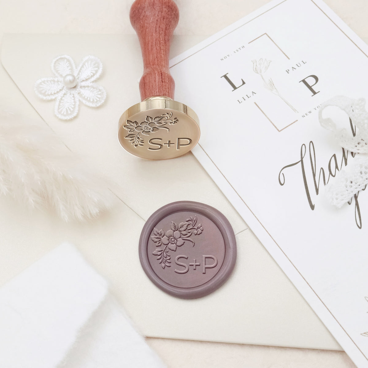 Sello de Caucho de Lacre Personalizado sin Bordes Botánico para Bodas con Monograma - Estilo 27 3