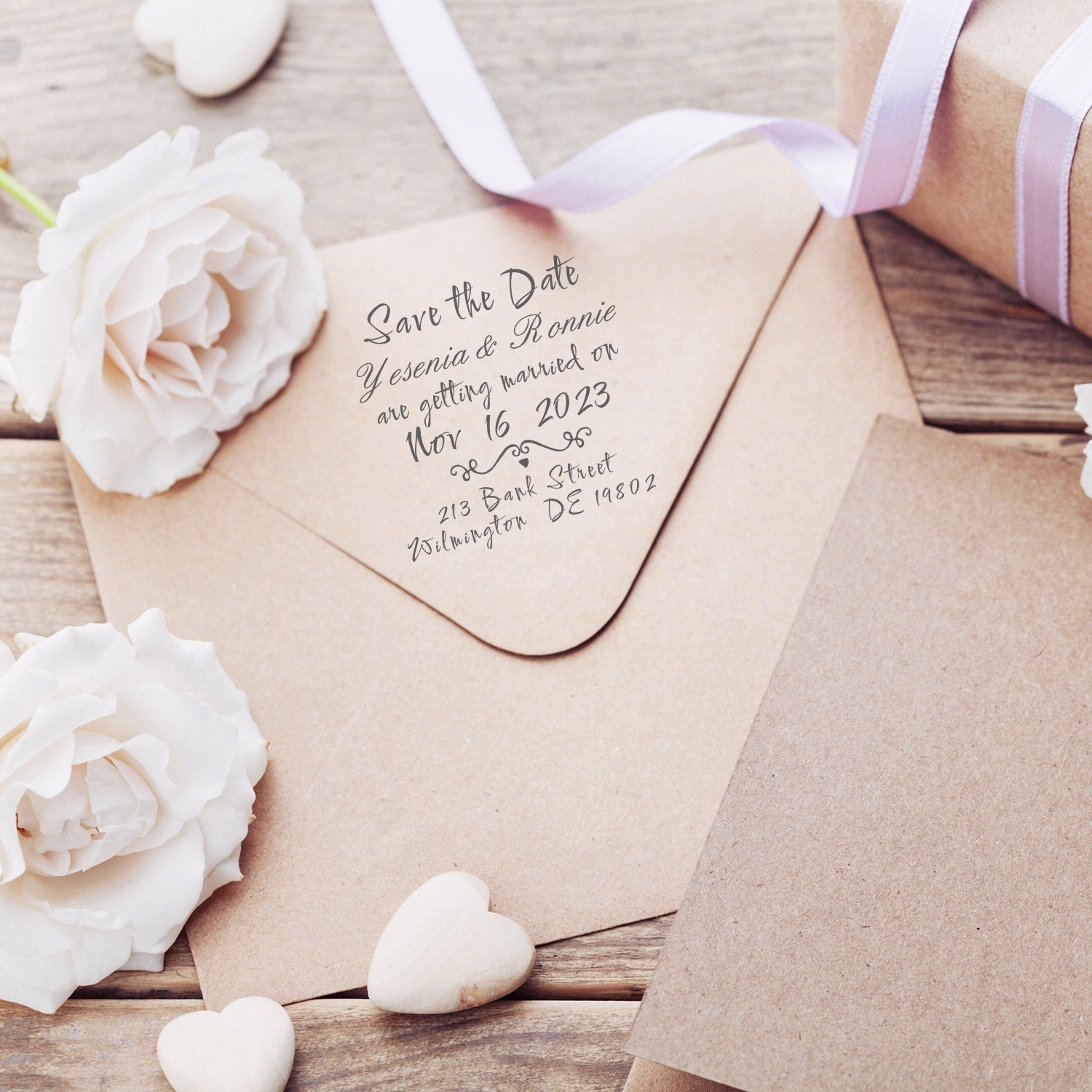 Personalisierter reiner Text handschriftlicher Schrift Hochzeit Save the Date Gummistempel6