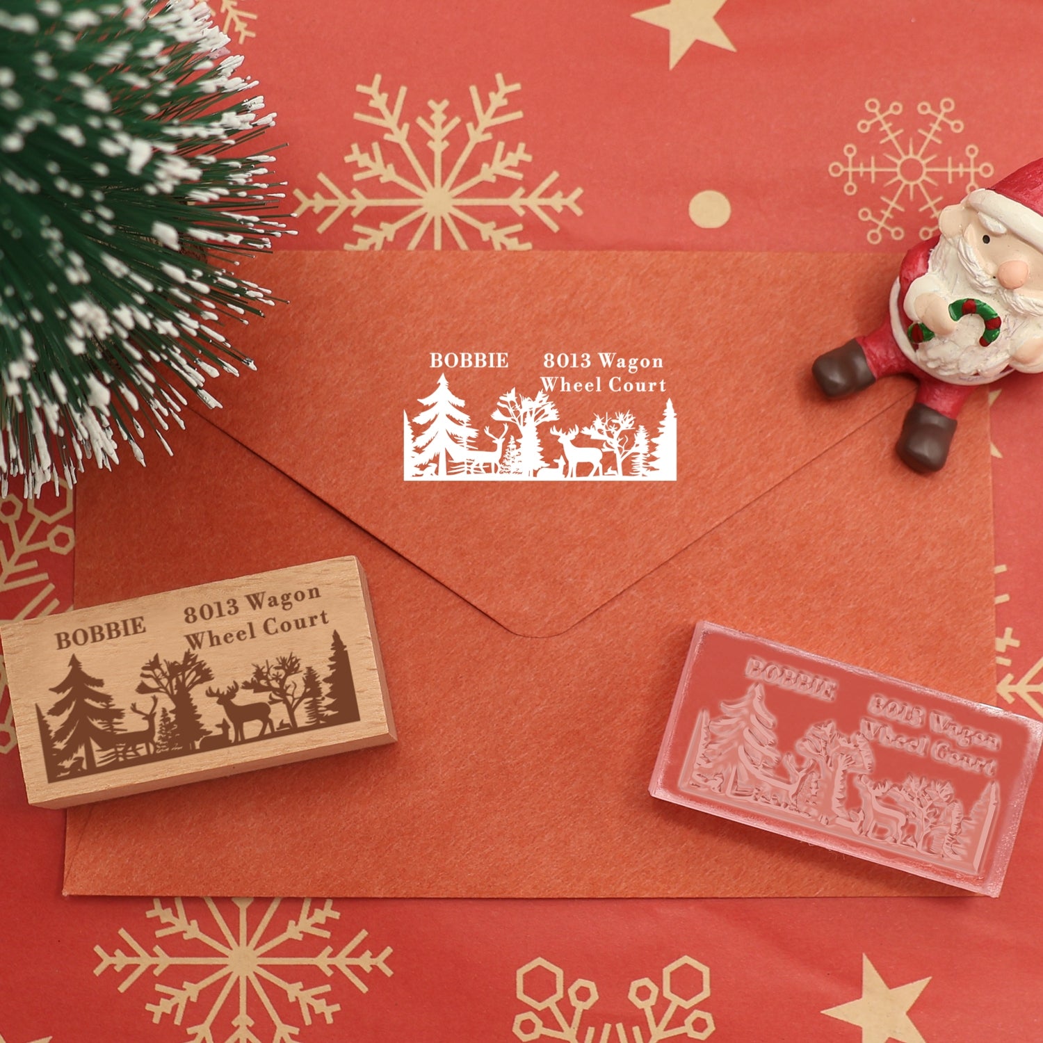 Personalisierter Weihnachtswald und Rentier Rechteck Gummistempel