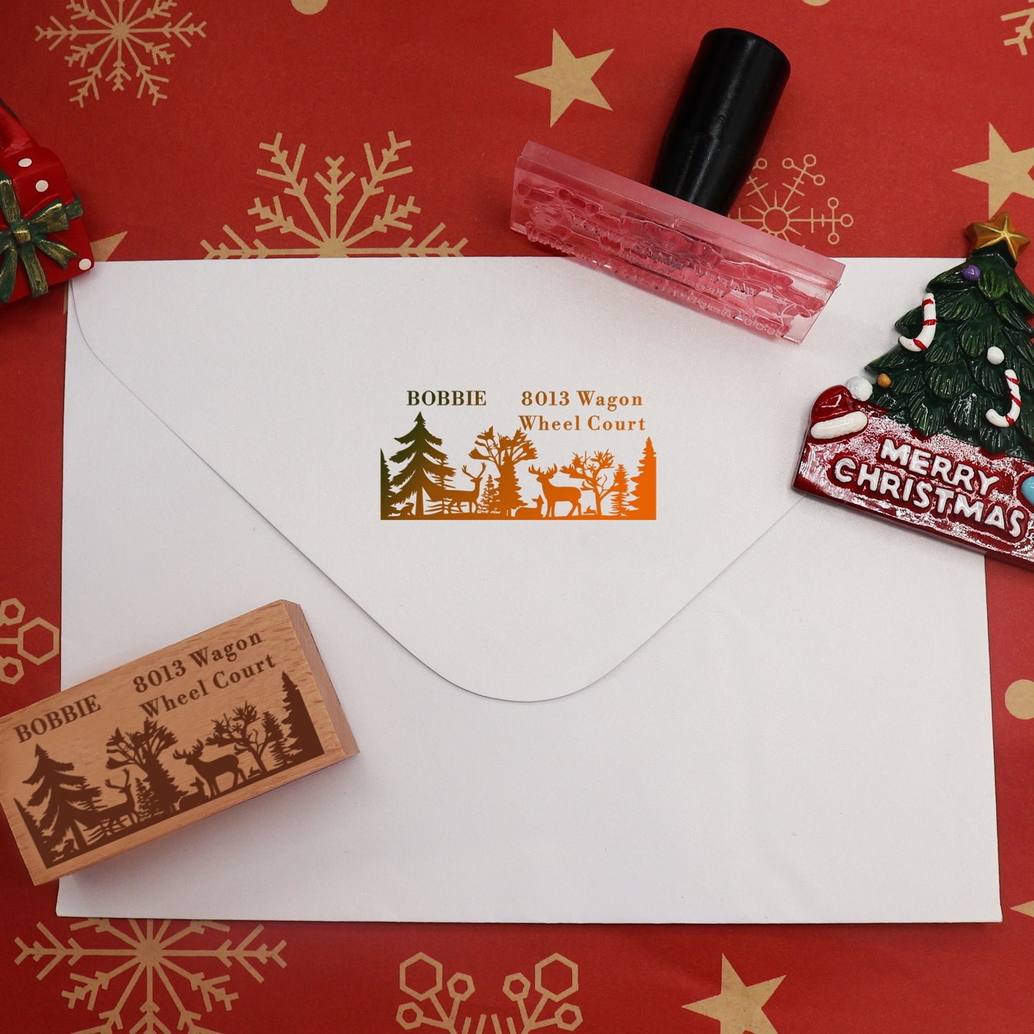 Personalisierter Weihnachtswald und Rentier Rechteckiger Gummistempel2