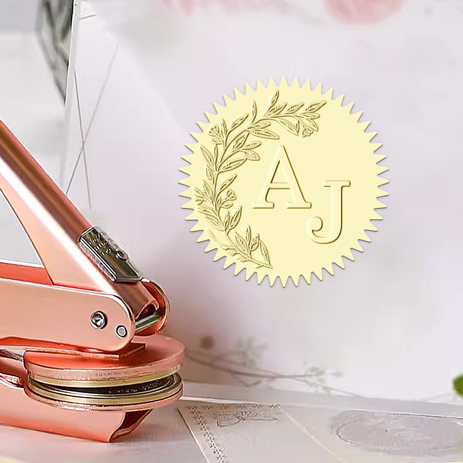 Chancela de Monograma de Casamento com Iniciais Botânicas Personalizadas - Estilo 2 Chancela de Monograma de Casamento com Iniciais Botânicas Personalizadas - Estilo 212 21