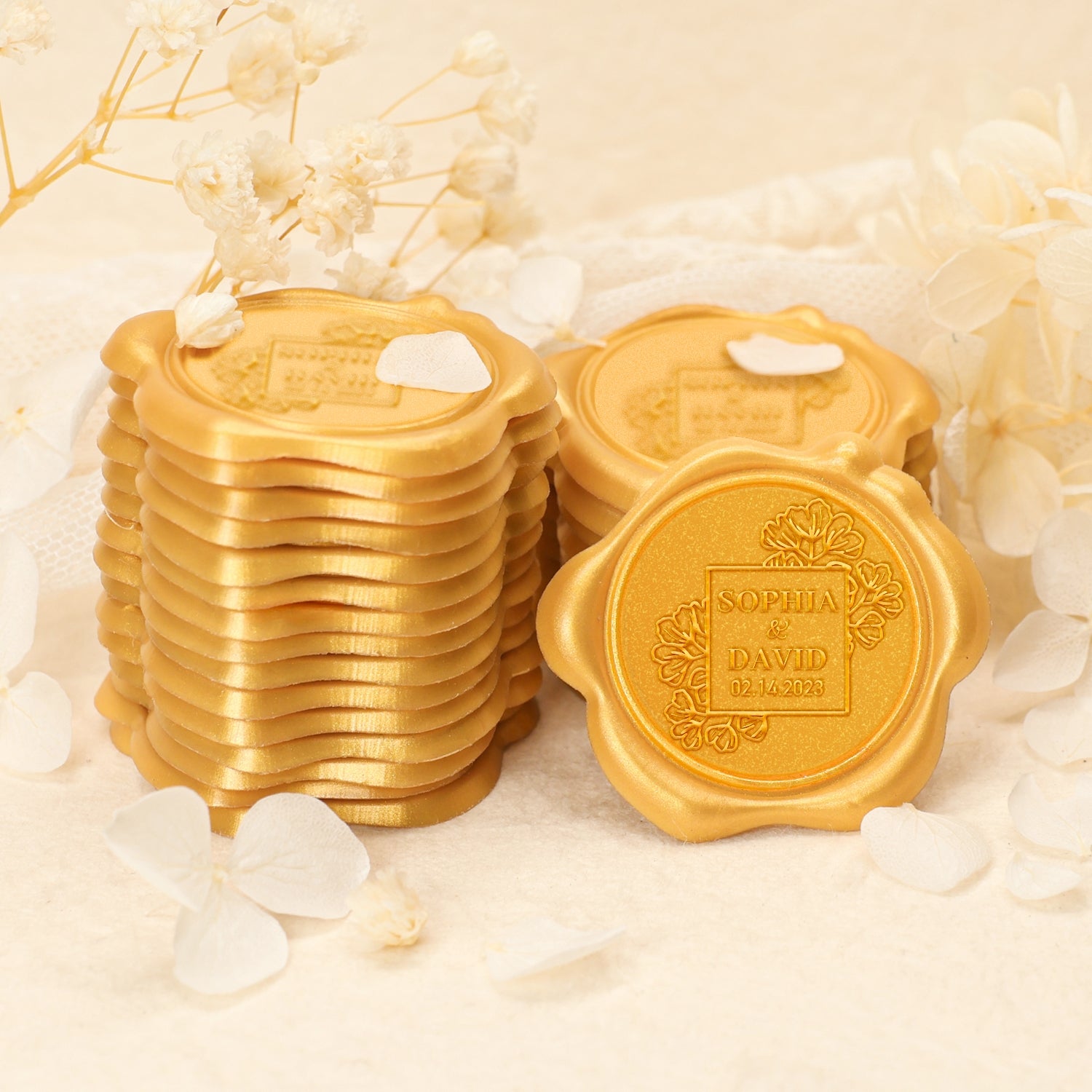 Custom Bloom Rose Wedding Name and Date Wax Seal Stickers 2-7
