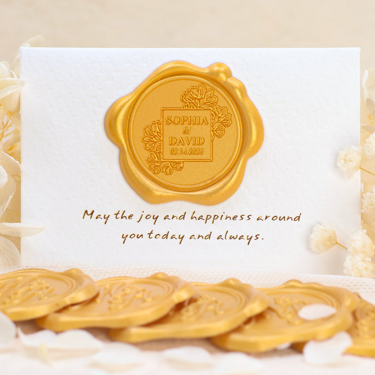 Pegatinas de Sello de Lacre Personalizado con Rosa Floreciente y Nombre y Fecha de Boda 1-7