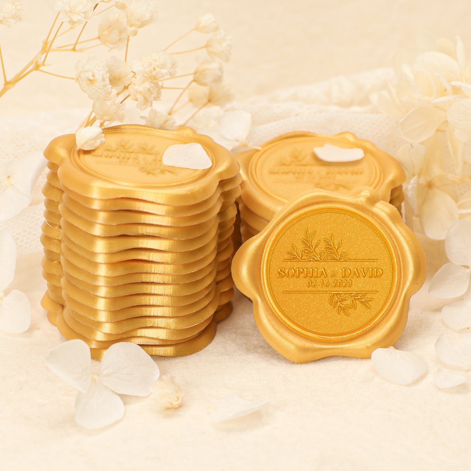 Custom Leaves Wedding Name and Date Wax Seal Stickers 2-8