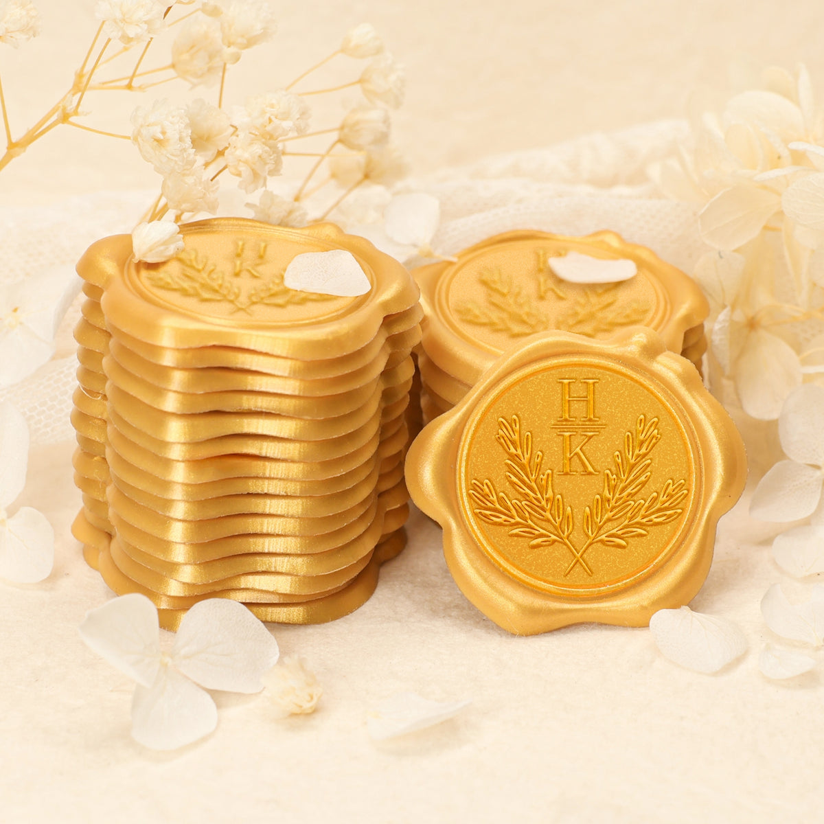 Pegatinas de Sello de Lacre Personalizado con Monograma de Ramas de Olivo Cruzadas para Boda 2-13