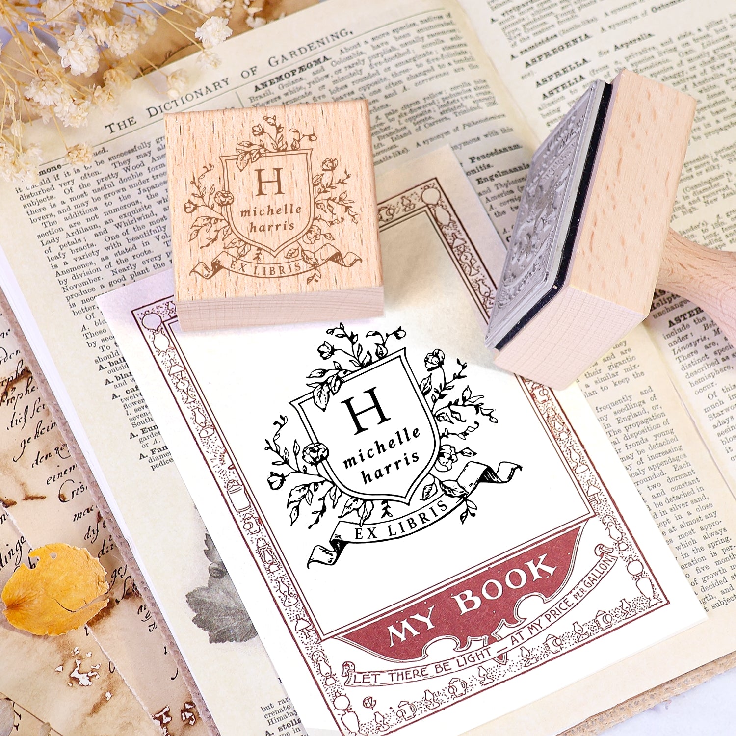 Sello de Caucho de Madera Personalizado Ex Libris de Libro con Doble Golondrina Voladora 2
