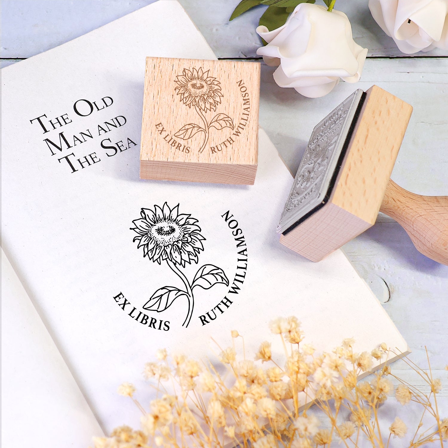 Sello de Caucho de Madera Personalizado Ex Libris de Libro con Doble Golondrina Voladora 2