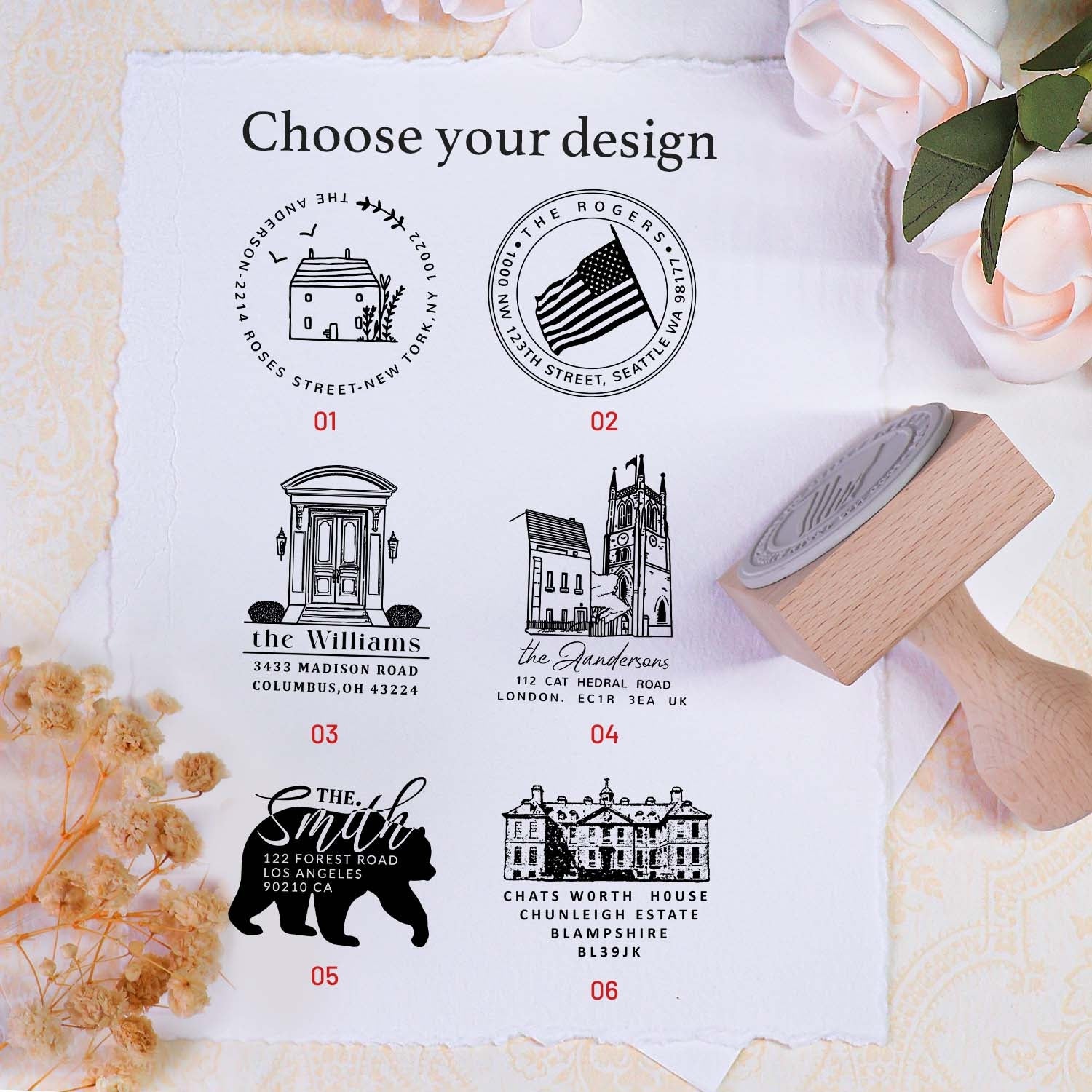 Sello de Caucho Personalizado de Dirección Cuadrado de Madera - 11 Diseños4